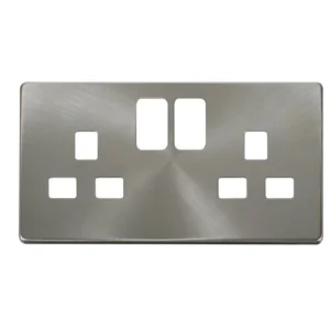 Front Plate 2 Gang Double Pole Switched Socket 13A Brushed Stainless