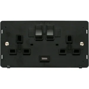 Black 13A 2 Gang Switched Socket Outlet With Single 2.1A USB Outlet Insert