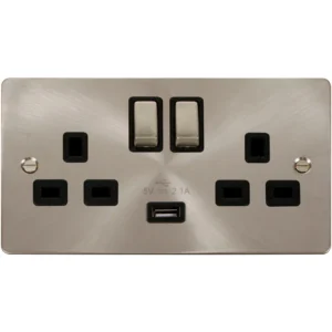 Socket Ingot 2 Gang Switched USB 13A 2.1A Brushed Stainless Black