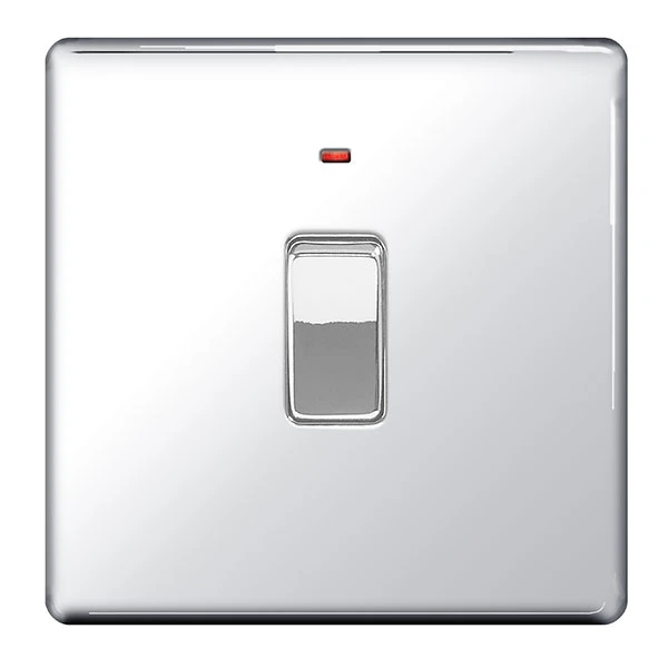 Polished Chrome Flatplate Screwless 20A Double Pole Switch With Power Indicator