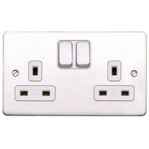 MK Socket 2 Gang Switched DP Clean Earth 13A Brushed Stainless Steel White Insert