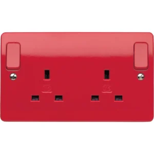 MK Logic Socket 2 Gang Switched Double Pole Dual Earth 13A Red Red Outboard Rocker