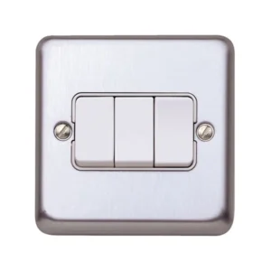 MK Plate Switch 3 Gang 2 Way SP 10A Brushed Stainless Steel