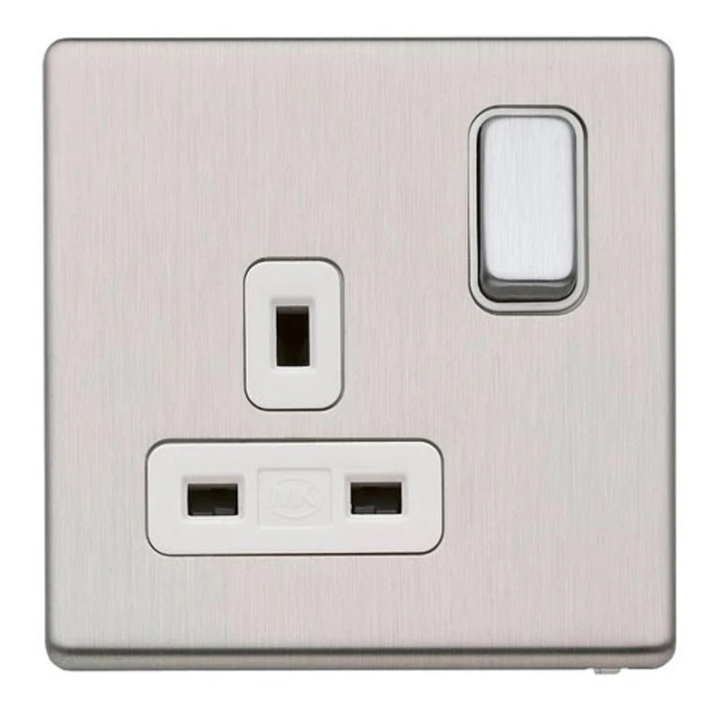 MK Socket 1 Gang Switched DP Brushed Stainless Steel White Inserts