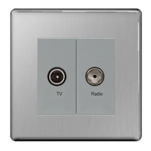 Brushed Steel 2 Gang Grey Insert Flatplate Screwless Diplex TV/FM Socket