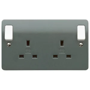 MK Logic Plus 13A Double Pole 2 Gang Switched Socket With White Outboard Rockers Graphite
