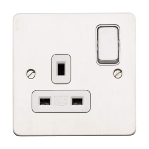 MK Socket 1 Gang Switched Double Pole Dual Earth 13A Brushed Stainless Steel White Inserts