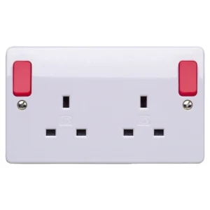 MK Socket 2 Gang Switched Double Pole Dual Earth 13A White Green Rockers