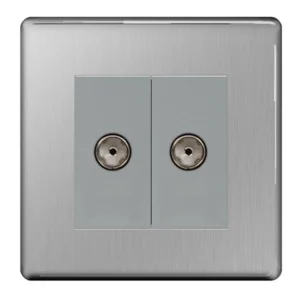 Brushed Steel Flatplate Screwless 2 Gang Grey Insert Co-Axial Socket
