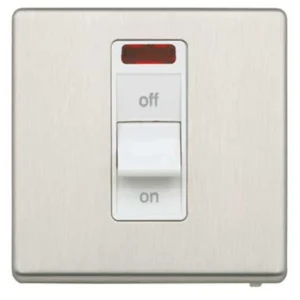 MK 1 Gang Double Pole Neon 32A Brushed Stainless Steel White Inserts Switch