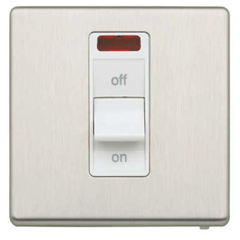 MK 1 Gang Double Pole Neon 32A Brushed Stainless Steel White Inserts Switch - Image 2