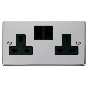 Socket 2 Gang Double Pole Switched 13A Polished Chrome Black Insert Victorian