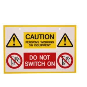 225x150mm Yellow/Red On White Caution Persons Working/Equipment Rigid PVC Label