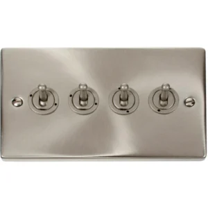 Toggle Switch 4 Gang 2 Way 10A Satin Chrome Black & White Gasket Victorian
