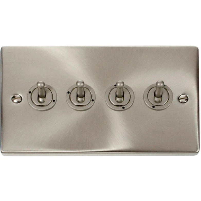 Toggle Switch 4 Gang 2 Way 10A Satin Chrome Black & White Gasket Victorian
