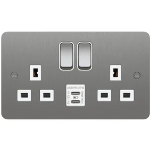 Sollysta 13A 2 Gang Double Pole Switched Socket USB C+C PD Brushed Steel White Flat