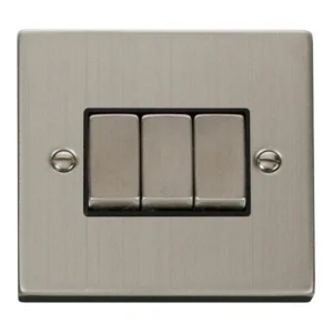 Deco Plate Switch Ingot 3-Gang 2-Way 10A Black Insert Stainless Steel