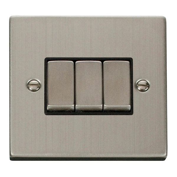 Deco Plate Switch Ingot 3-Gang 2-Way 10A Black Insert Stainless Steel - Image 2