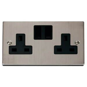 Socket 2 Gang DP Switched 13A Stainless Steel Black Insert Victorian