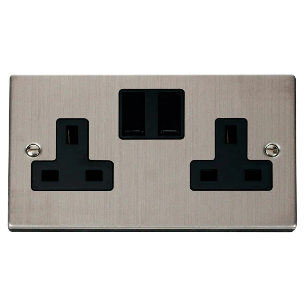 Socket 2 Gang DP Switched 13A Stainless Steel Black Insert Victorian - Image 2