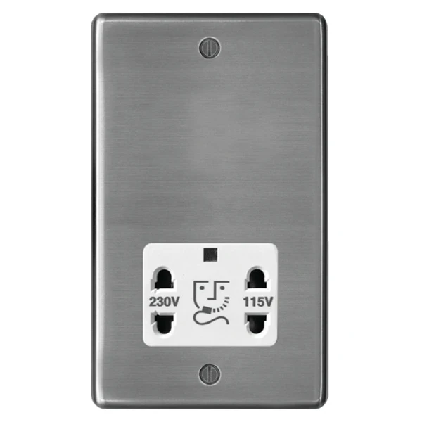 Shaver Socket White Insert 115/230V Brushed Steel
