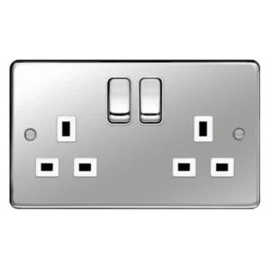 Socket 2 Gang DP Switched Dual Earth 13A Polished Steel White Insert
