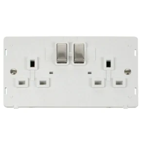 Socket Interior Ingot 2 Gang Double Pole Switched 13A Polar White Stainless Steel