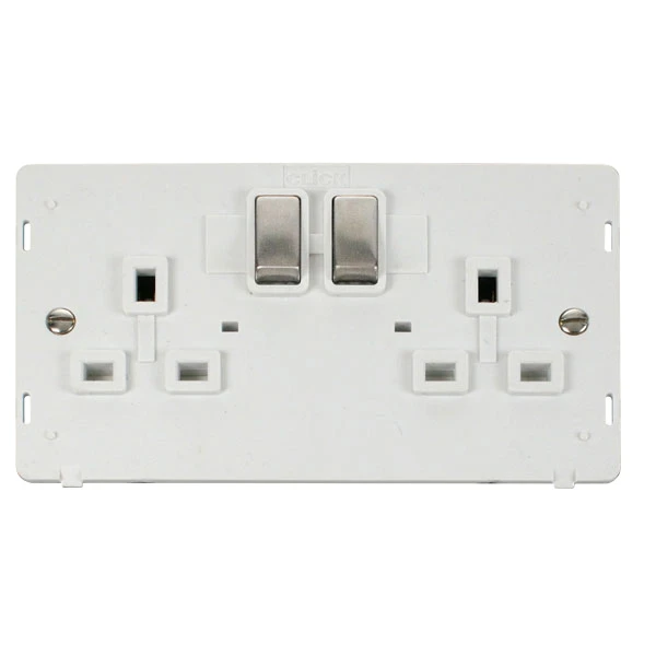 Socket Interior Ingot 2 Gang Double Pole Switched 13A Polar White Stainless Steel