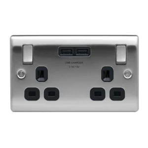 BG Nexus NBS22U3B Brushed Steel Switched Socket 2 Gang 13A 3.1A USB with Black Insert