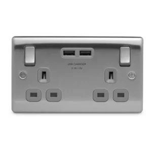 BG Nexus NBS22U3G Brushed Steel Switched Socket 2 Gang 13A 3.1A (Grey Insert)