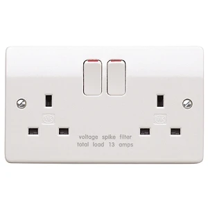 MK Socket 2 Gang Switched Double Pole Spike+Rfi 13A White
