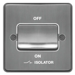 Plate Switch 1 Gang TP Fan Isolator Brushed Steel White Insert