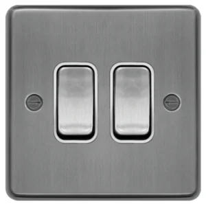 Plate Switch 2 Gang 2 Way 10AX Brushed Steel White Insert
