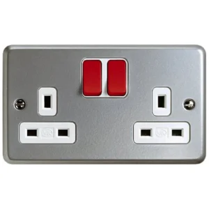Socket 2 Gang Switched DP Surface 13A Aluminium Red Rockers