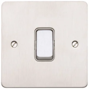 MK Switch 1 Gang 2 Way Single Pole 20A Brushed Stainless Steel White Inserts