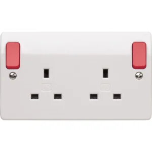 MK Socket 2 Gang Switched Double Pole Dual Earth 13A White Red Outboard Rocker