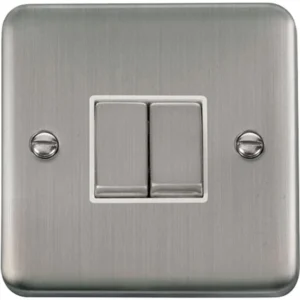 Plate Switch Ingot 2 Gang 2 Way 10AX Stainless Steel White Insert