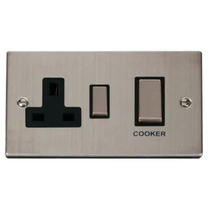 Deco Switch with 13A Switched Socket Ingot 2-Gang 2-Pole 45A Black Insert Stainless Steel