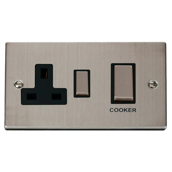 Deco Switch with 13A Switched Socket Ingot 2-Gang 2-Pole 45A Black Insert Stainless Steel - Image 2