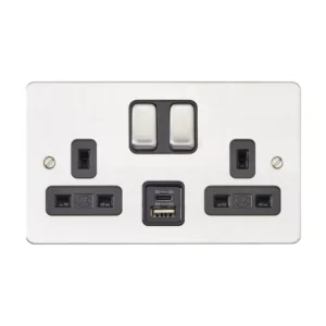 MK Socket Edge 2 Gang Double Pole Stainless Steel 2 Port USB Charger A+C 3A/5V