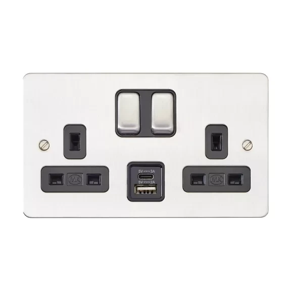 MK Socket Edge 2 Gang Double Pole Stainless Steel 2 Port USB Charger A+C 3A/5V - Image 2