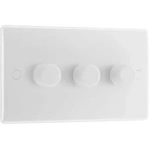 White Round Edge Moulded 3 Gang 2 Way Push Type Trailing Edge 200W Dimmer Switch