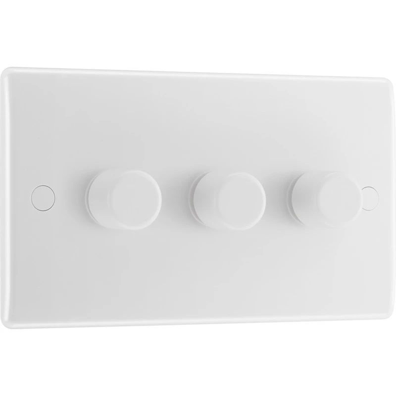 White Round Edge Moulded 3 Gang 2 Way Push Type Trailing Edge 200W Dimmer Switch - Image 2