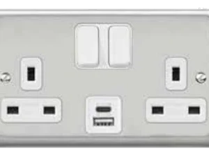 MK Brushed Stainless Steel Albany Plus 2 Gang Double Pole 2 Port USB Charger Type A + Type C 3A/5V