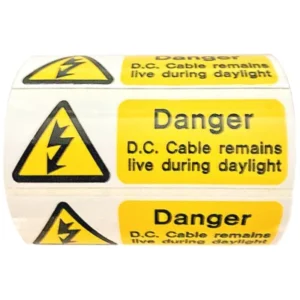 75x25mm Yellow/Black on White DC Cable Remains Live Self Adhesive Vinyl Label