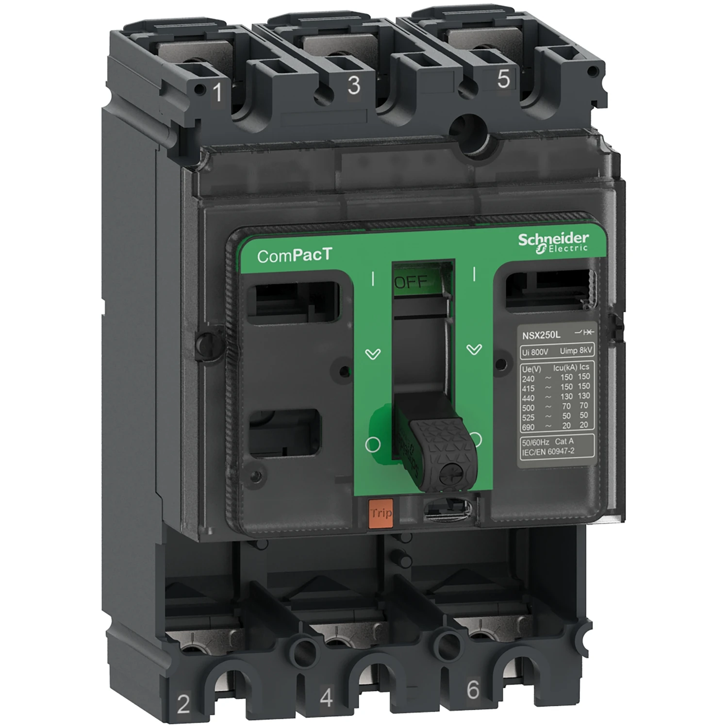 Circuit Breaker basic frame, ComPacT NSX250N, 50 kA at 415 VAC 50/60 Hz, 250 A, without Trip Unit, 3 poles