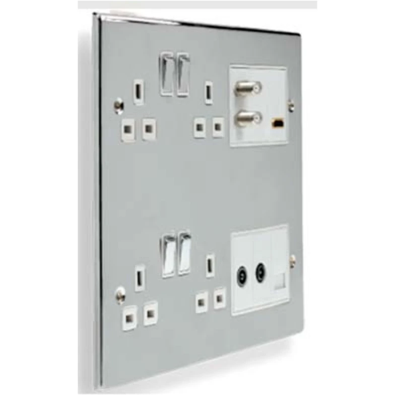Polished Chrome Part Furnished Front Plate - 4 x 13A DP Switched Socket Outlets & Apertures