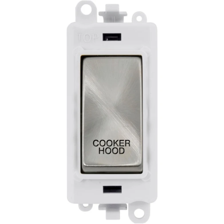 Click Gridpro Cooker Hood Laser Etched Legend Polar White Frame 20AX Satin Chrome Double Pole Switch Module