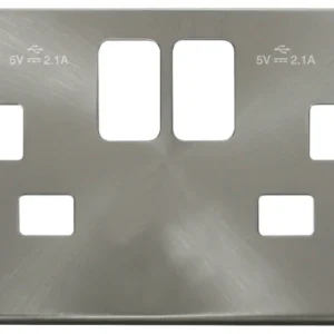 Screwless Brushed Stainless 13A 2 Gang Switched Socket Outlet With Twin 2.1A USB Outlets Cover Plate