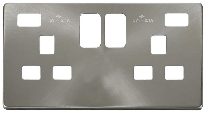 Screwless Brushed Stainless 13A 2 Gang Switched Socket Outlet With Twin 2.1A USB Outlets Cover Plate